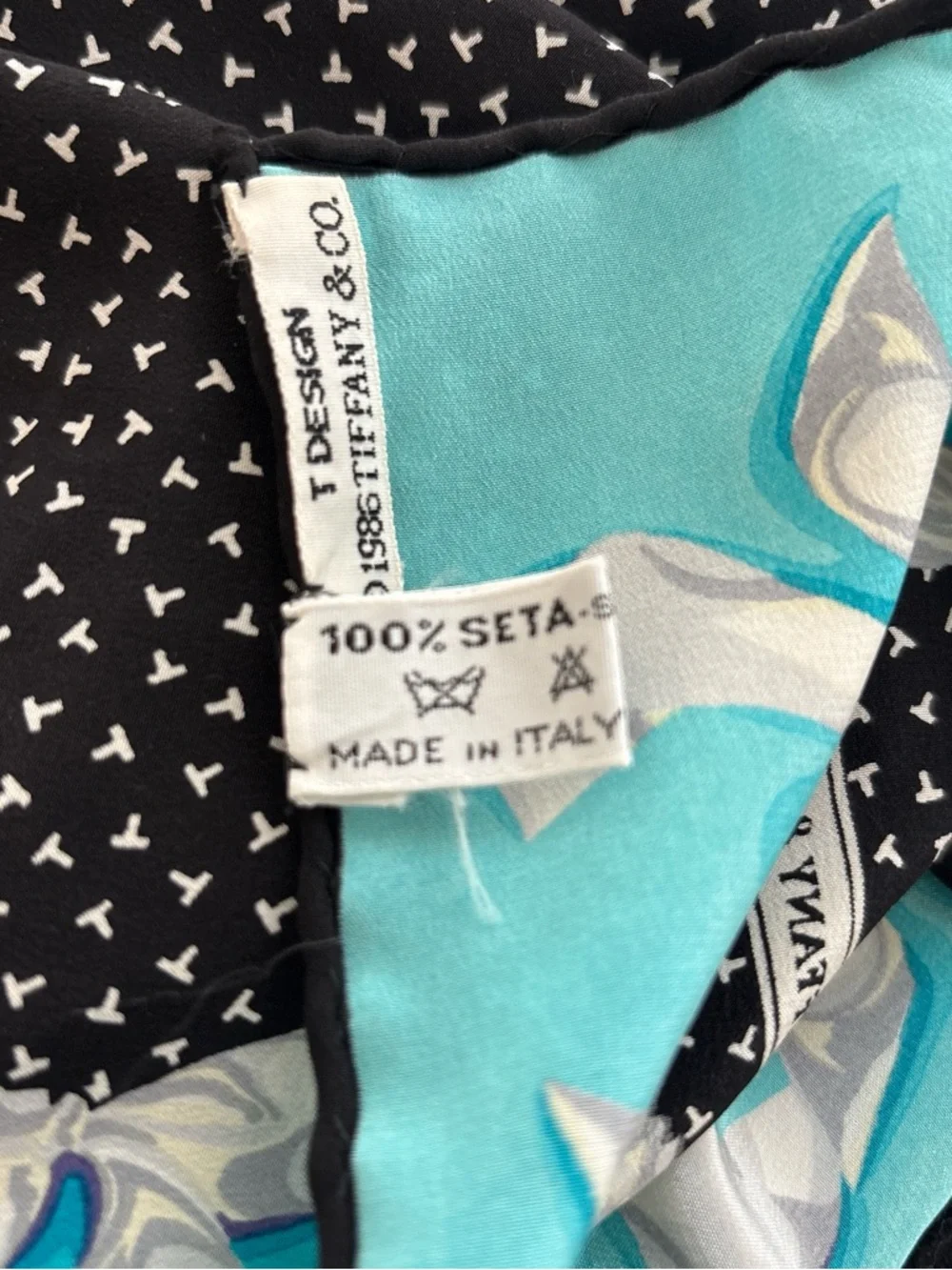 Tiffany & Co. Black and Blue Silk Square Scarf with Bows